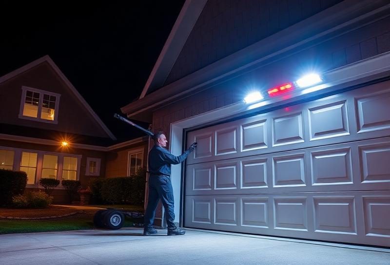 Emergency garage door repair service at night with technician working on residential door