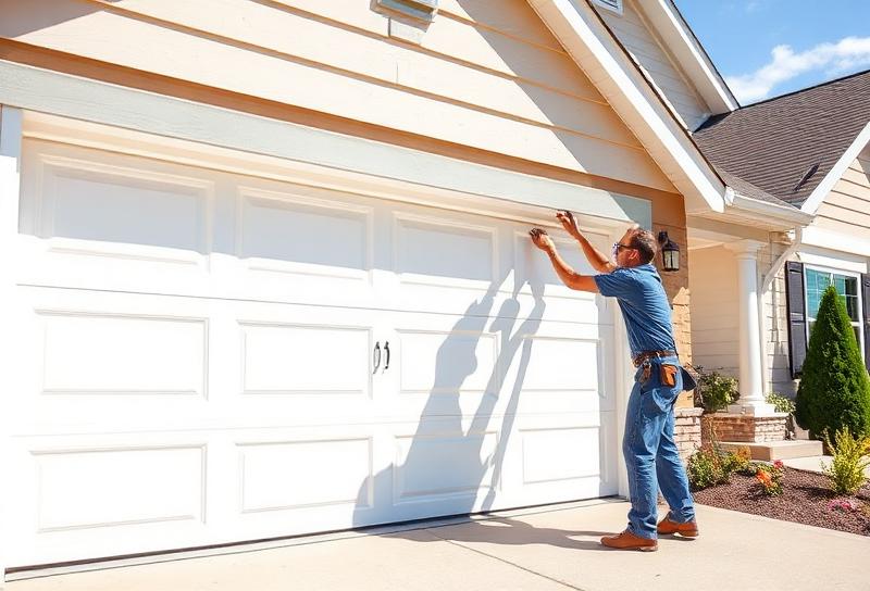 Professional technician installing new white garage door on residential home in Trinity, NC