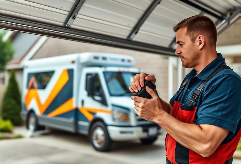 Garage door maintenance technician lubricating hinges and rollers for preventive service